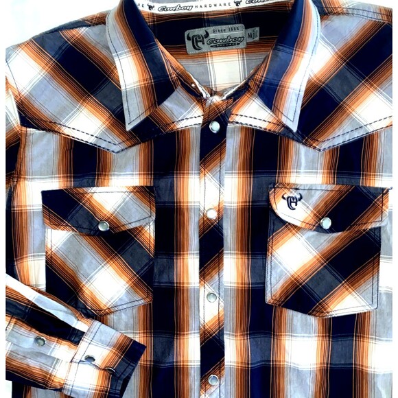 Cowboy Hardware Long Sleeve Button Front Pearl Snap Shirt Orange/Blue Plaid Med - Picture 1 of 9